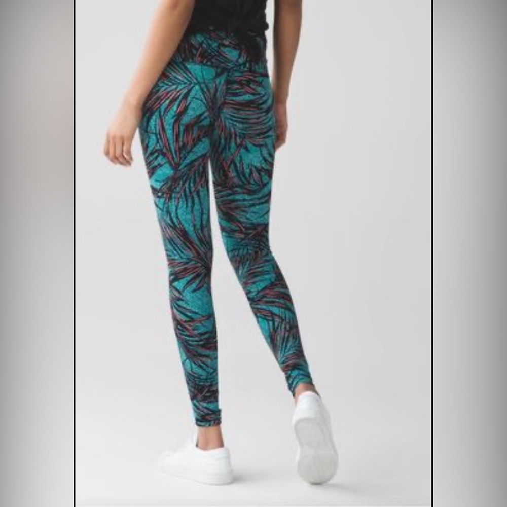 lululemon Wonder Under Crop Leggings Palm Leaf Print Teal Black Coral- Small